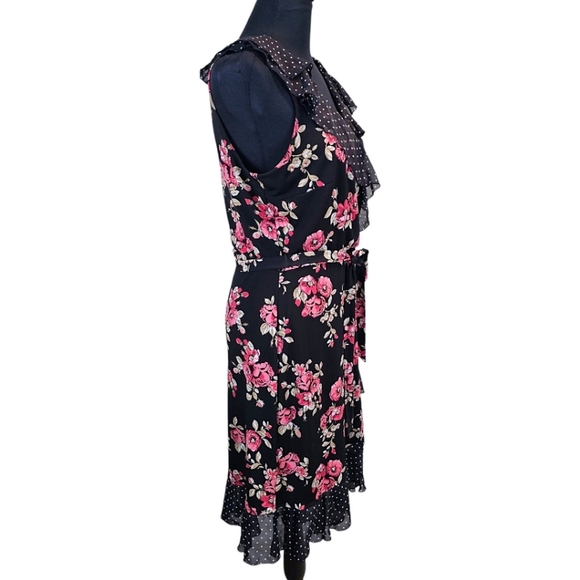 White House Black Market Sleeveless Faux Wrap Dress 8 Polka Dot Floral Trad Wife - Picture 4 of 14